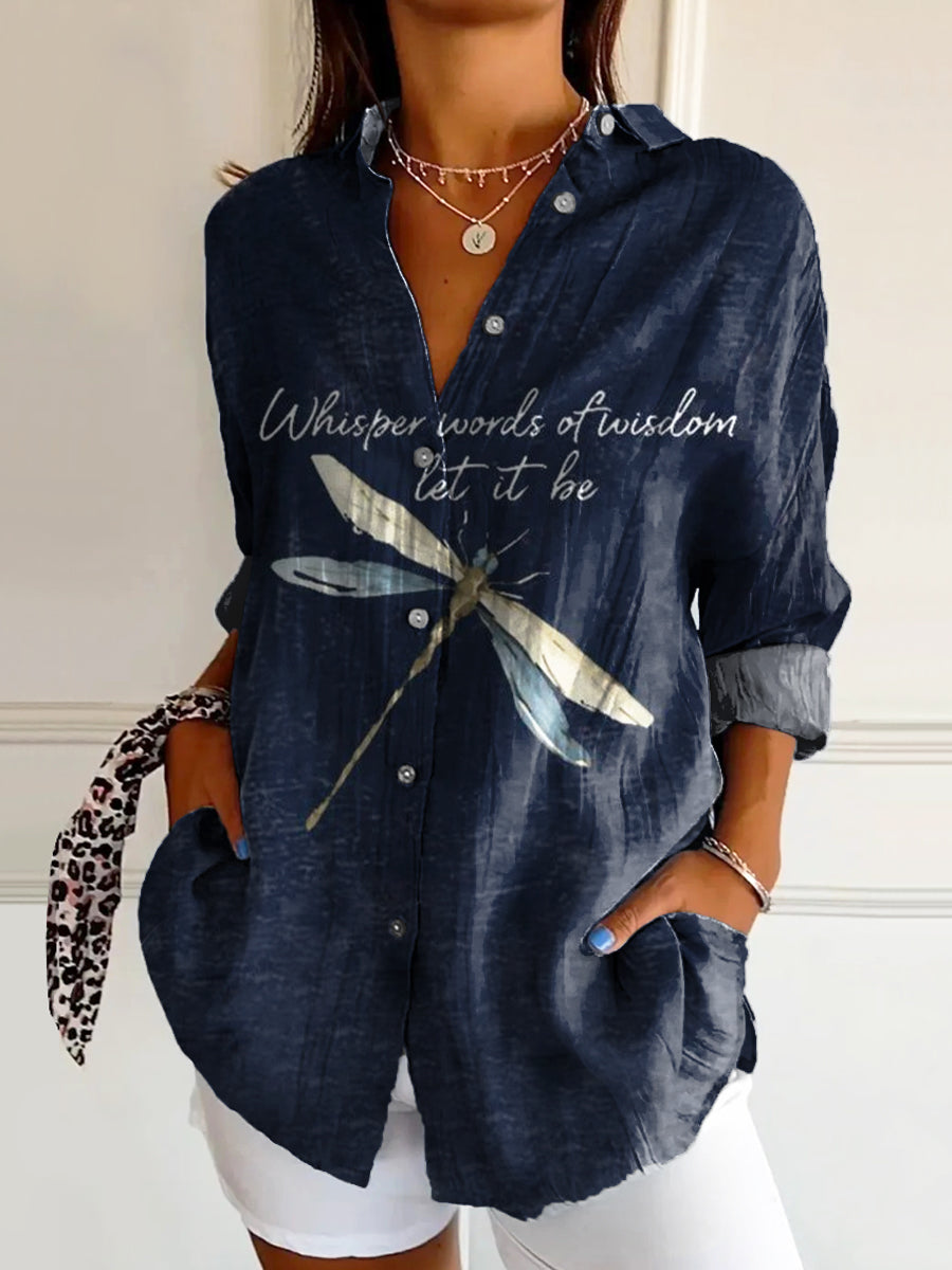 Women's Hippie Dragonfly Art Print Casual Cotton Shirt