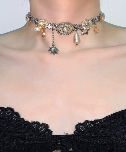 Gold Button Pearl Titanium Steel Choker