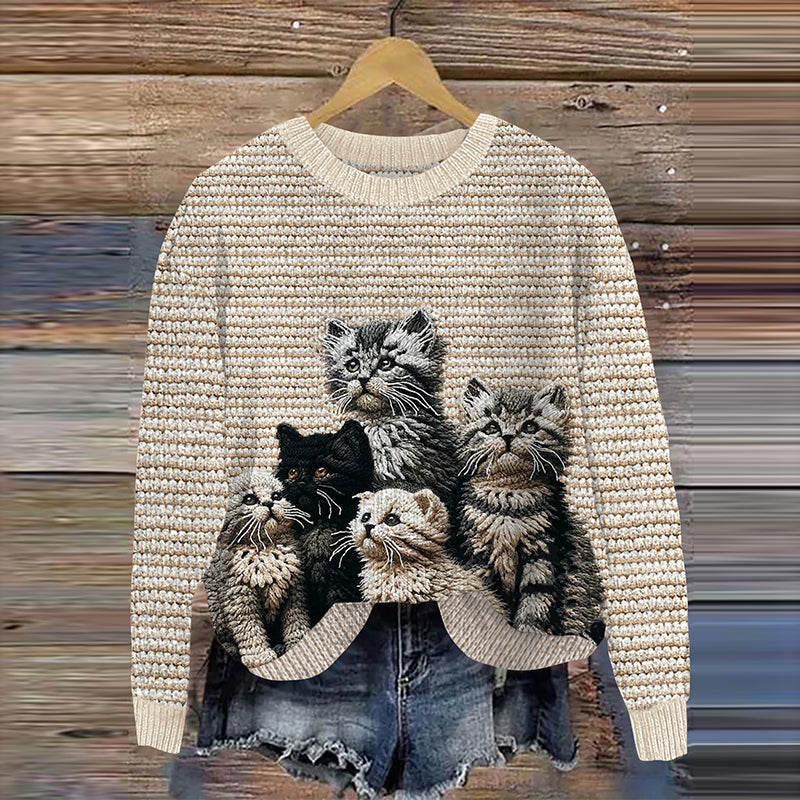 Women's Vintage Cute Cats Look Art Cozy Sweater elevenforest