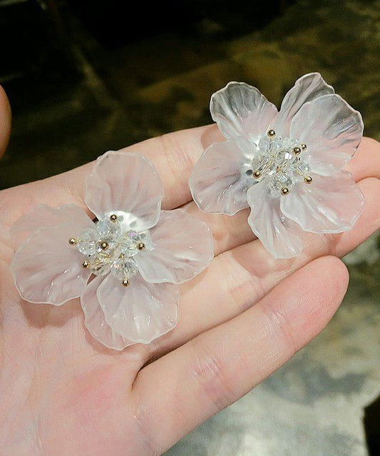 White Crystal Petal Exaggeration Alloy Stud Earrings