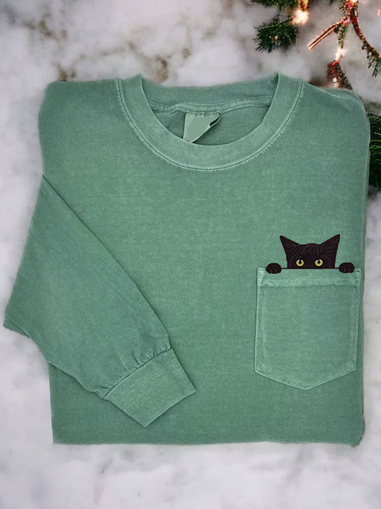 Women's Casual Funny Black Cat Print T-Shirt elevenforest