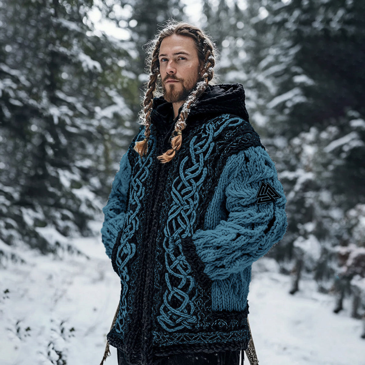 Men's Viking Tribal Jacquard Celtic Chunky Knit Zipper Hooded Cardigan artswardrobe