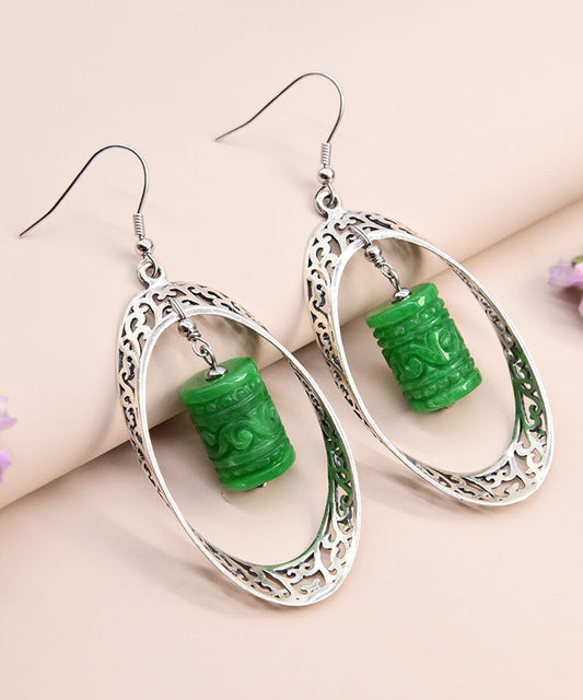 Green Sterling Silver Jade Dry Green Hollow Out Drop Earrings