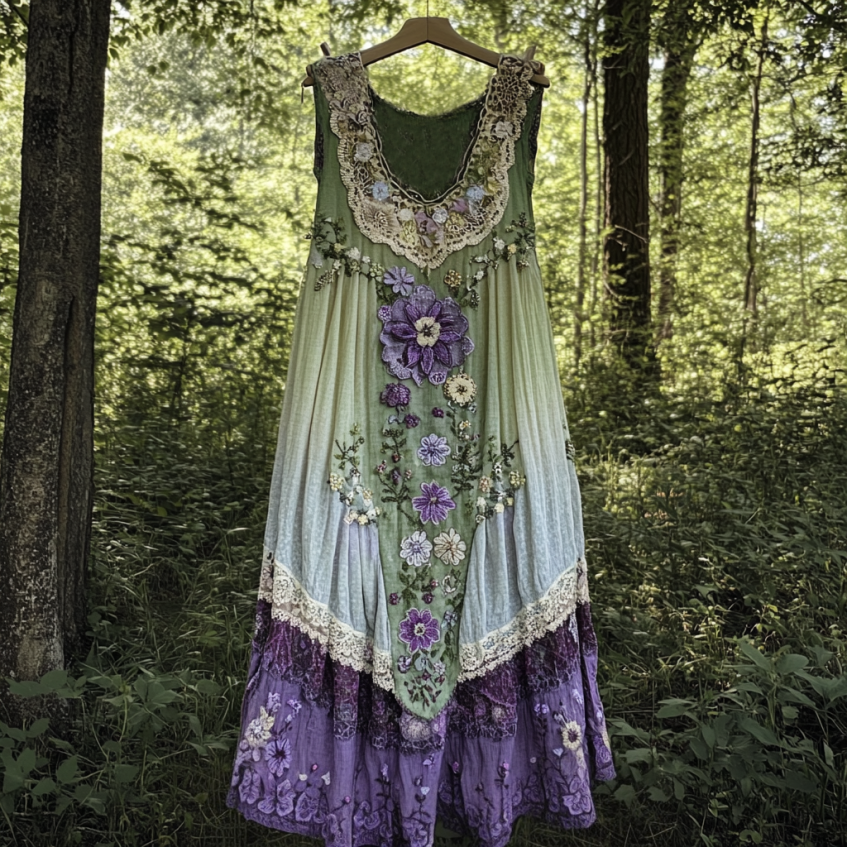 Vintage Boho Lavender Art Linen Patchwork Art Linen Tank Dress artswardrobe