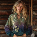 Comstylish Classy Gradient Bamboo Blossom Embroidery Art Linen Long Sleeve Shirt