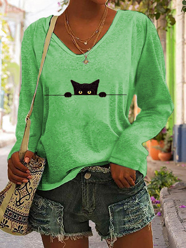 Women's Casual Funny Black Cat Print T-shirt elevenforest