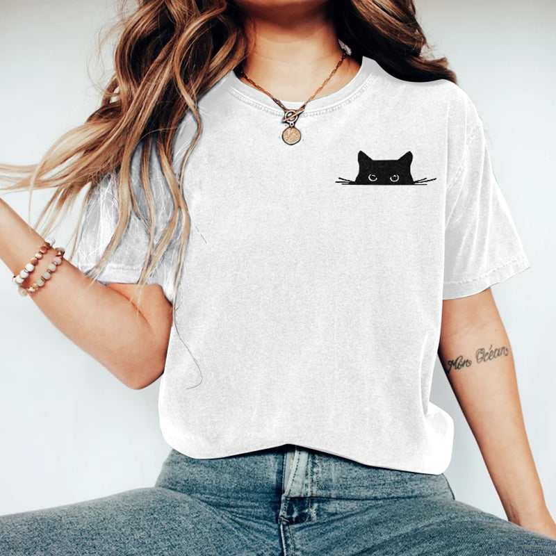 Abstract Creative Embroidered Black Cat Art Print  T-shirt elevenforest