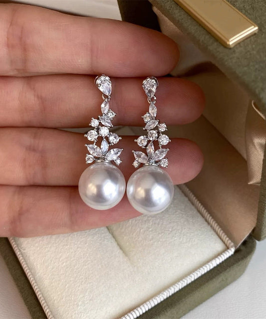 Stylish White Shiny Zircon Pearl Drop Earrings
