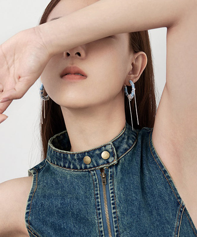 Denim Blue Sterling Silver Denim Chain Tassel Drop Earrings