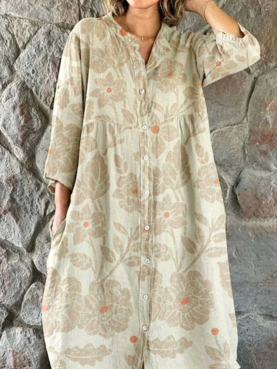 Women's Elegant Vintage Floral Pattern Shirt Style Cotton and Linen Dr