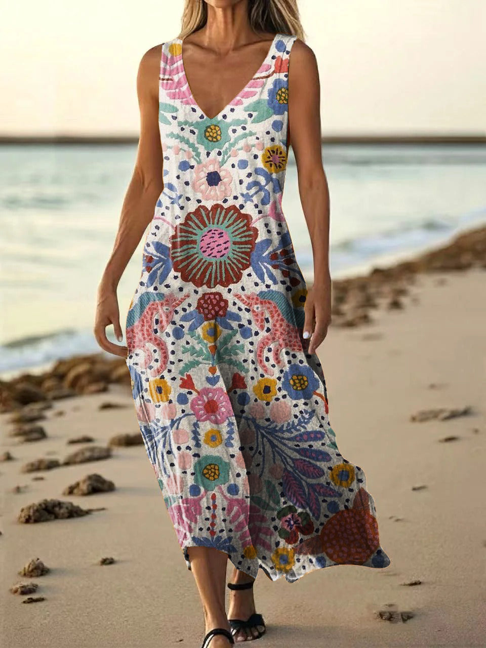 Women's Vintage Floral Art Print Pocket Cotton Dress