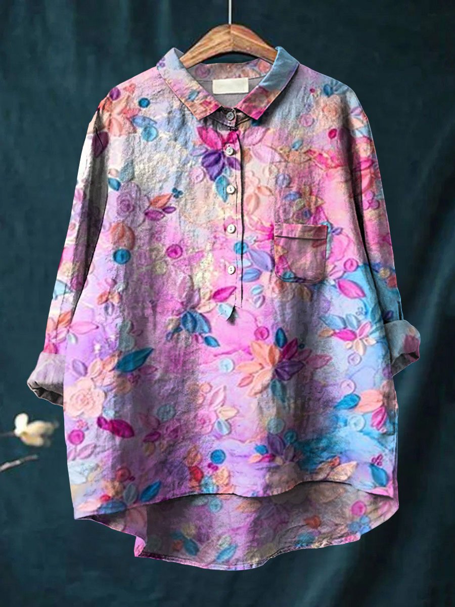 Women's Flower Painting Art Print Casual Cotton And Linen Shirt