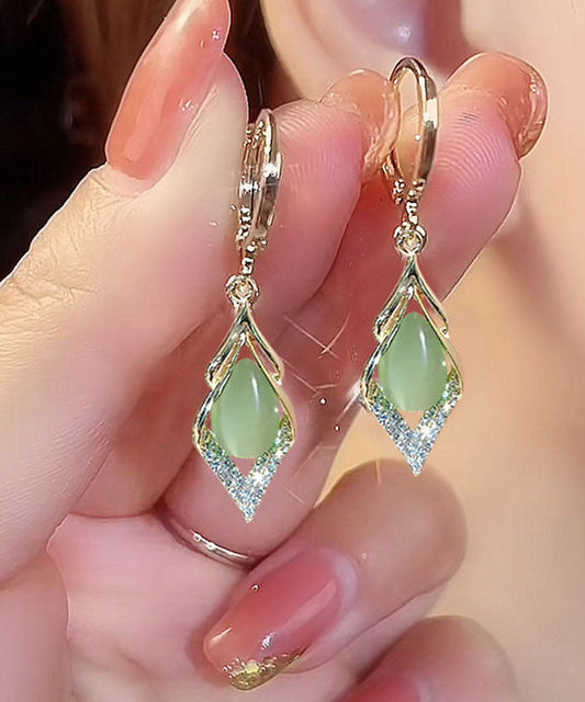 Diy Light Green Sterling Silver Zircon Cat's Eye Drop Earrings