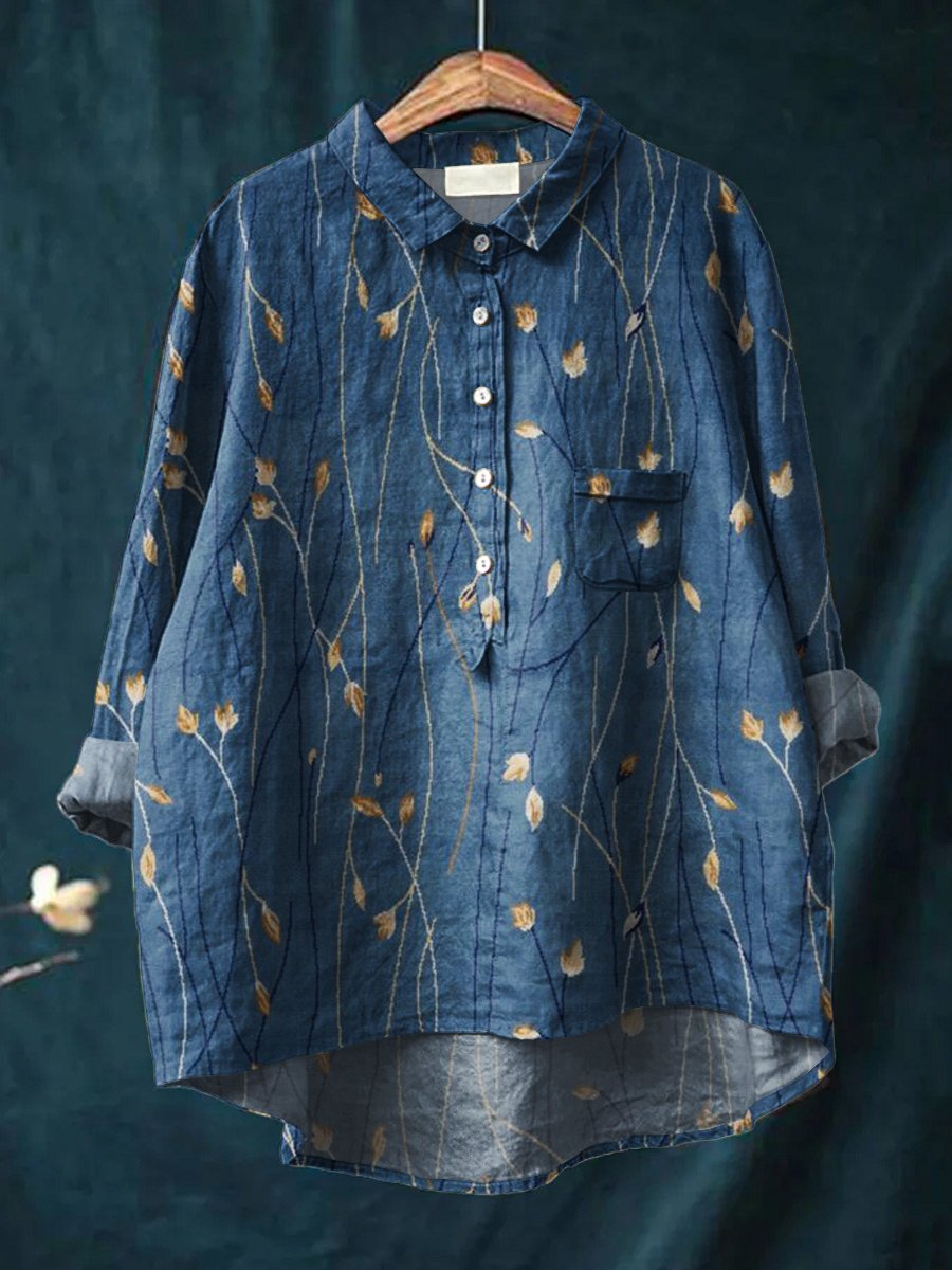 Women's Floral Art Print Casual Cotton And Linen Shirt