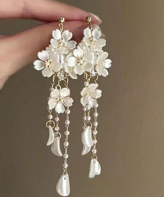 Diy White Alloy Pearl Tassel Drop Earrings