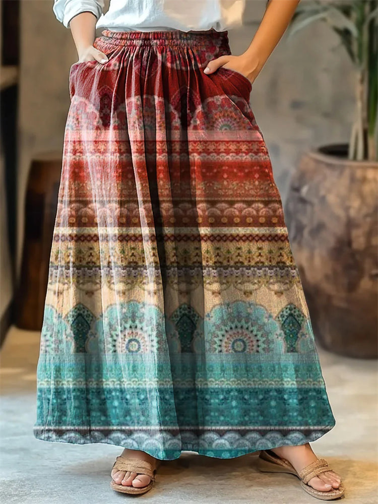Women's Ethnic Striped Pattern Art Print Cotton Skirt artswardrobe