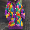 Vintage Colorful Cats Art Button Cozy Cardigan Sweater elevenforest