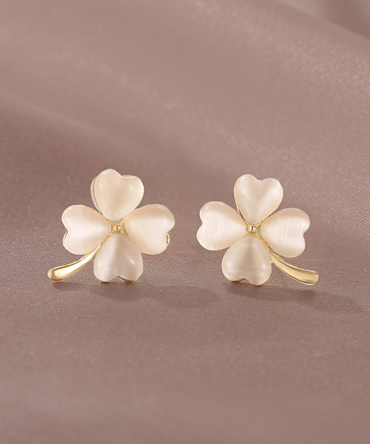 New Gold Copper Alloy Clover Cat's Eye Stone Stud Earrings