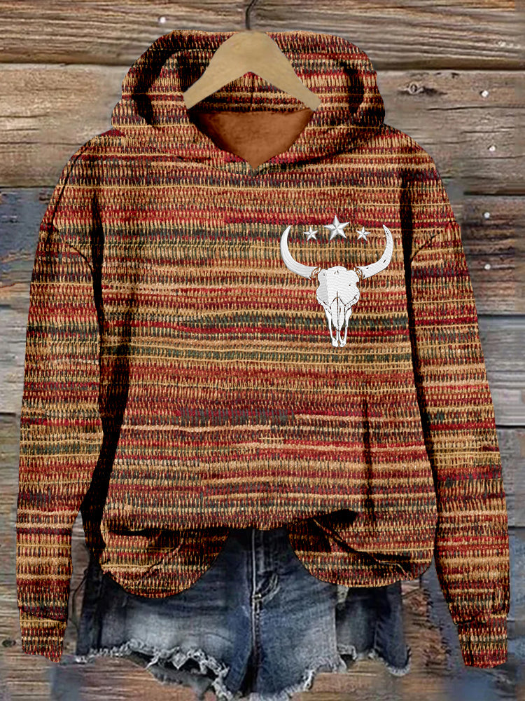 Comstylish Western Bull Skull Embroidered Vintage Cozy Hoodie