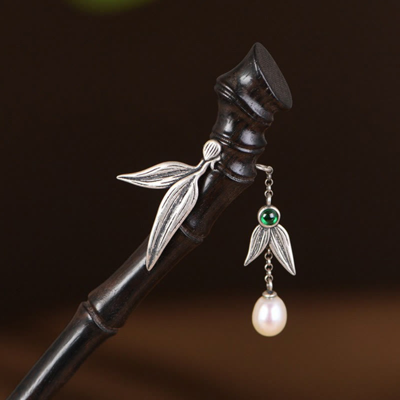 925 Sterling Silver Chinese Hairpin With Red Sandalwood and Ebony