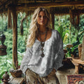 Retro Bohemian Resort Floral Art Embroidery Print Cotton And Linen Blend Loose Blouse artswardrobe