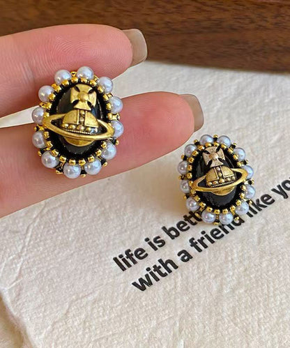 New Black Metal Pearl Stud Earrings