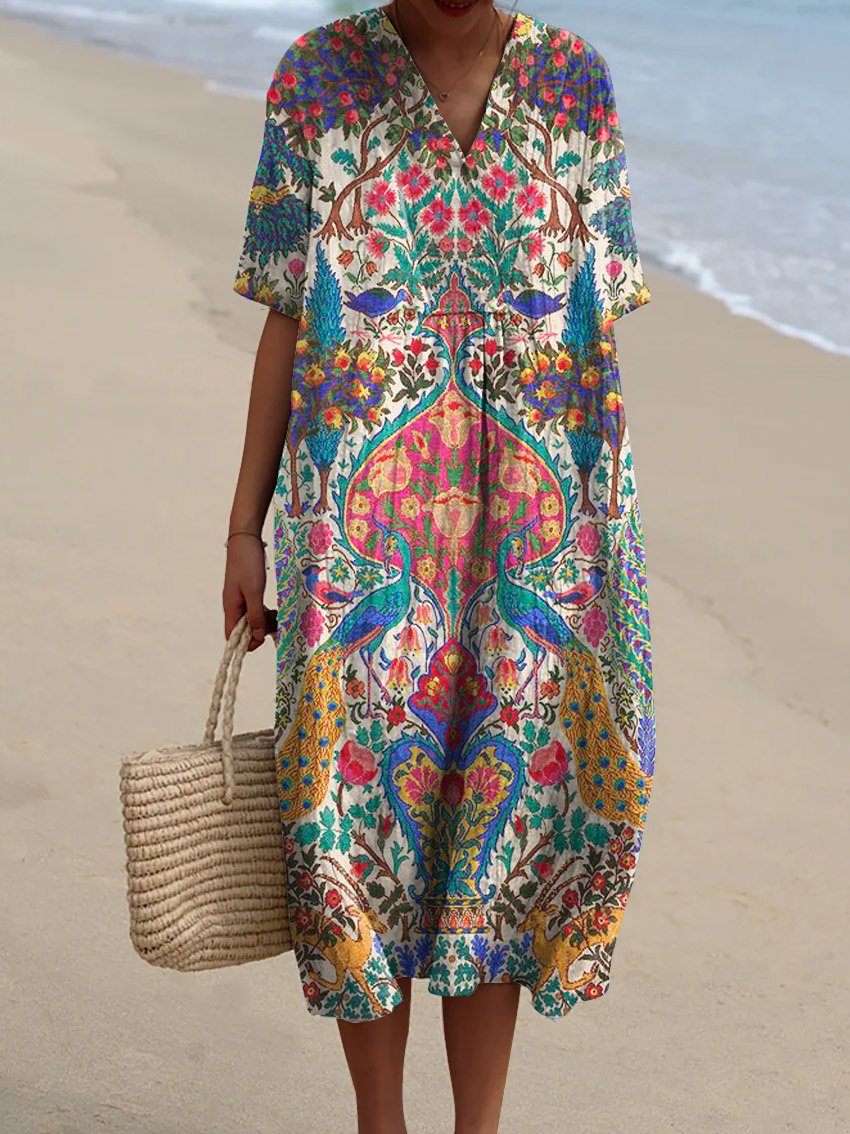 Women's Vintage Ethnic Lovely Floral Birds Art Print Flowy Dress