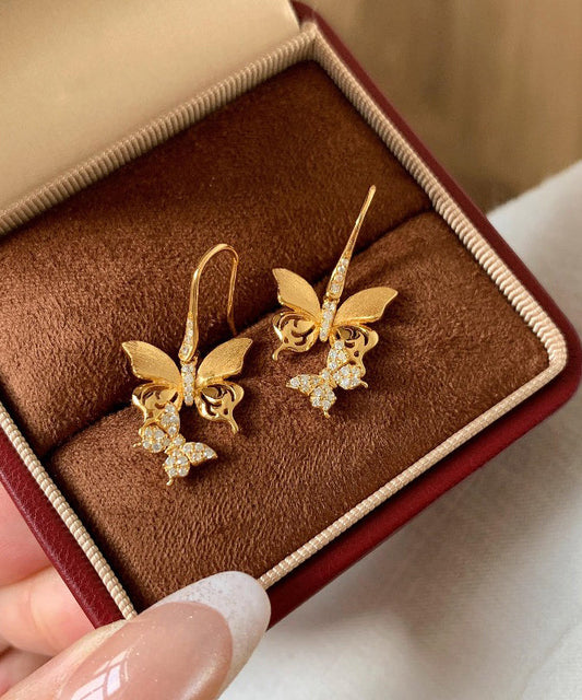 Gold Sterling Silver Overgild Zircon Butterfly Drop Earrings