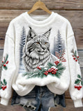 Comstylish Christmas Lynx Animal Pattern Women's Flannel Sweatshirt
