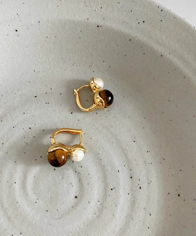Gold Copper Alloy Cat Eye Stone Pearl Hoop Earrings