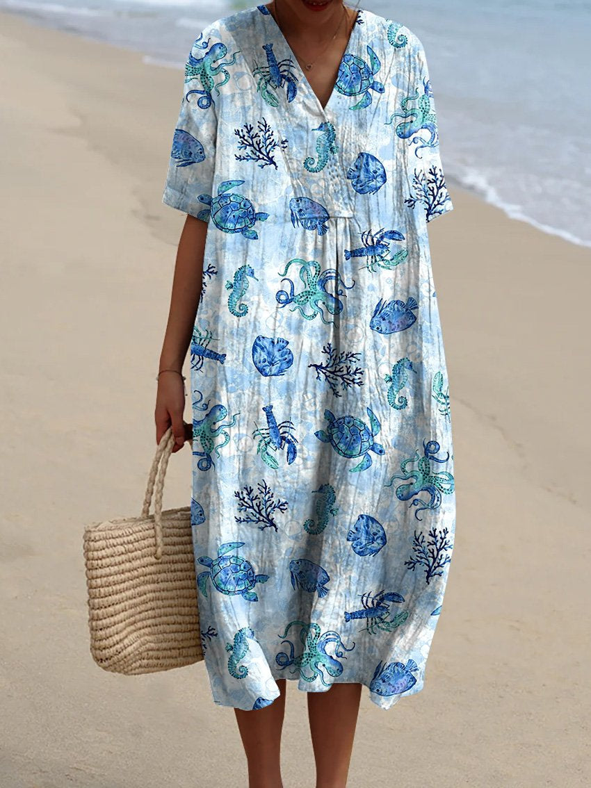 Ocean Blue Sea Creatures Pattern Printed Women's Flowy Dress