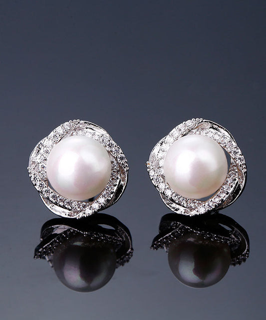 White Sterling Silver Inlaid Zircon Jade Stud Earrings