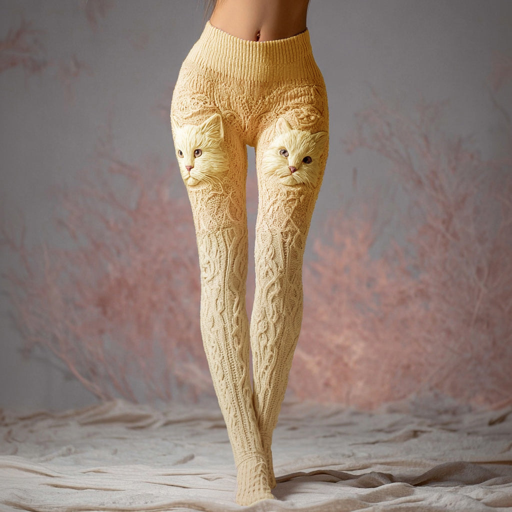 Fuzzy Cat Embroidered Gradient Comfy Leggings elevenforest