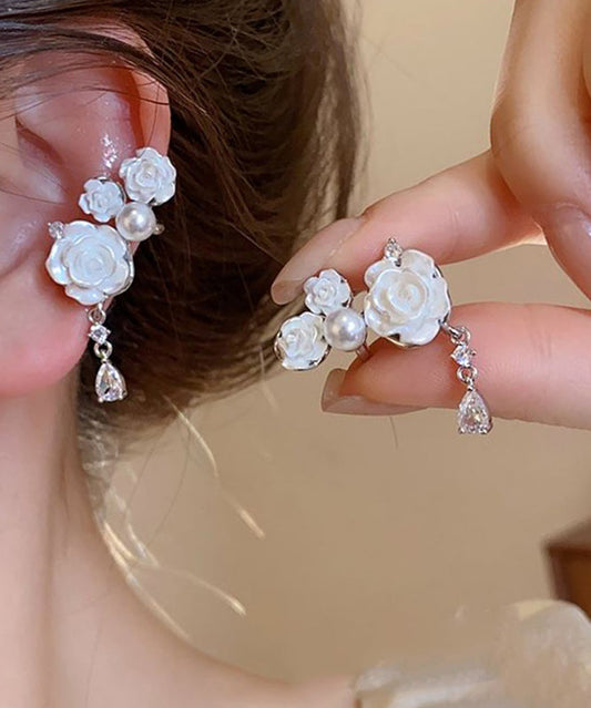 White Copper Zircon Pearl Camellia Flower Drop Earrings