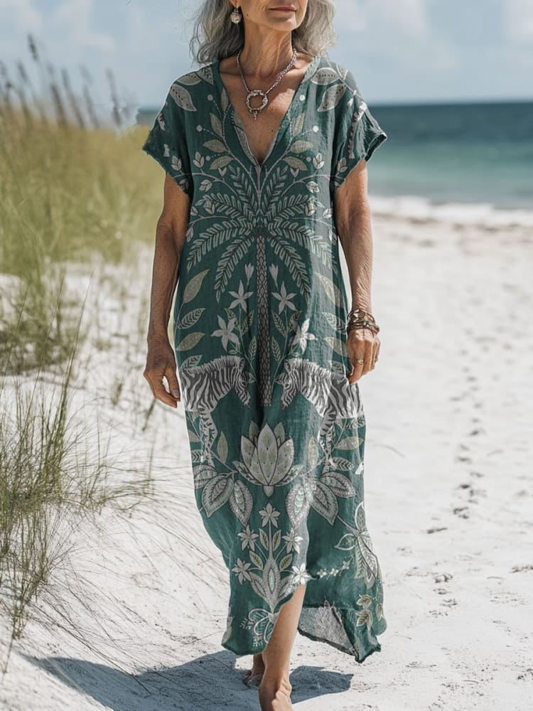 Women's Vintage Floral Print Pocket Cotton Dress