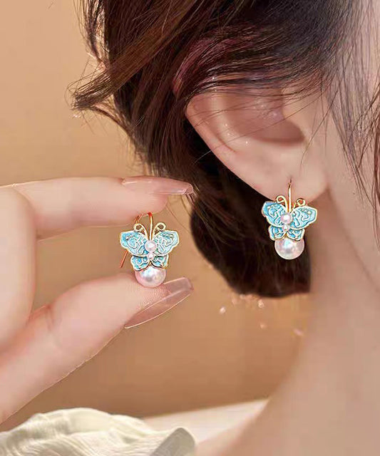 Blue Copper Alloy Enamel Butterfly Pearl Stud Earrings