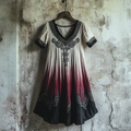 Bohemian Viking Tribal Celtic Knot Gradient Embroidery Art Linen Round Neck Midi Dress artswardrobe