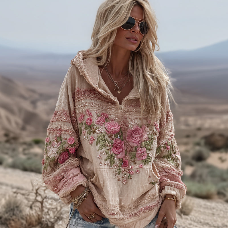 Comstylish Women's Vintage Rose Floral Art Casual Half Zip Sweatshirt