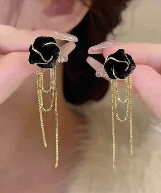 Black Sterling Silver Overgild Camellia Tassel Drop Earrings