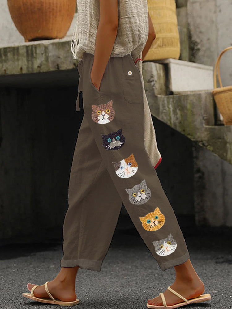 Cute Cats Animal Embroidery Pattern Linen Pants elevenforest