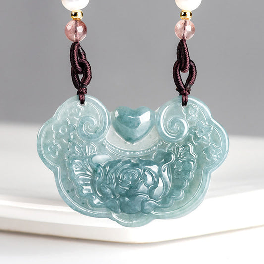 Buddha Stones Natural Jade Peony Flower Lock of Good Wishes Prosperity Necklace Pendant