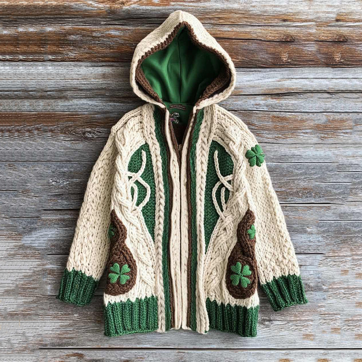 Women's Vintage Knit Four Leaf Clover Jacquard Hoodie Cardigan artswardrobe