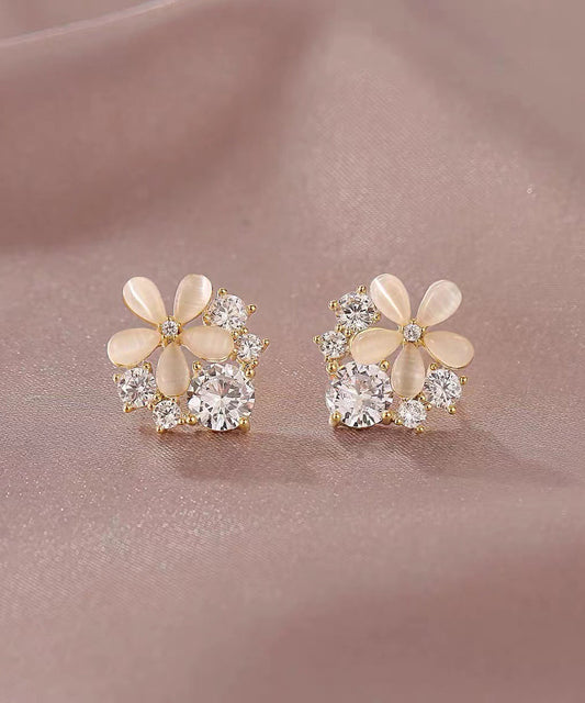 Regular Beige Sterling Silver Overgild Cat's Eye Stone Zircon Stud Earrings