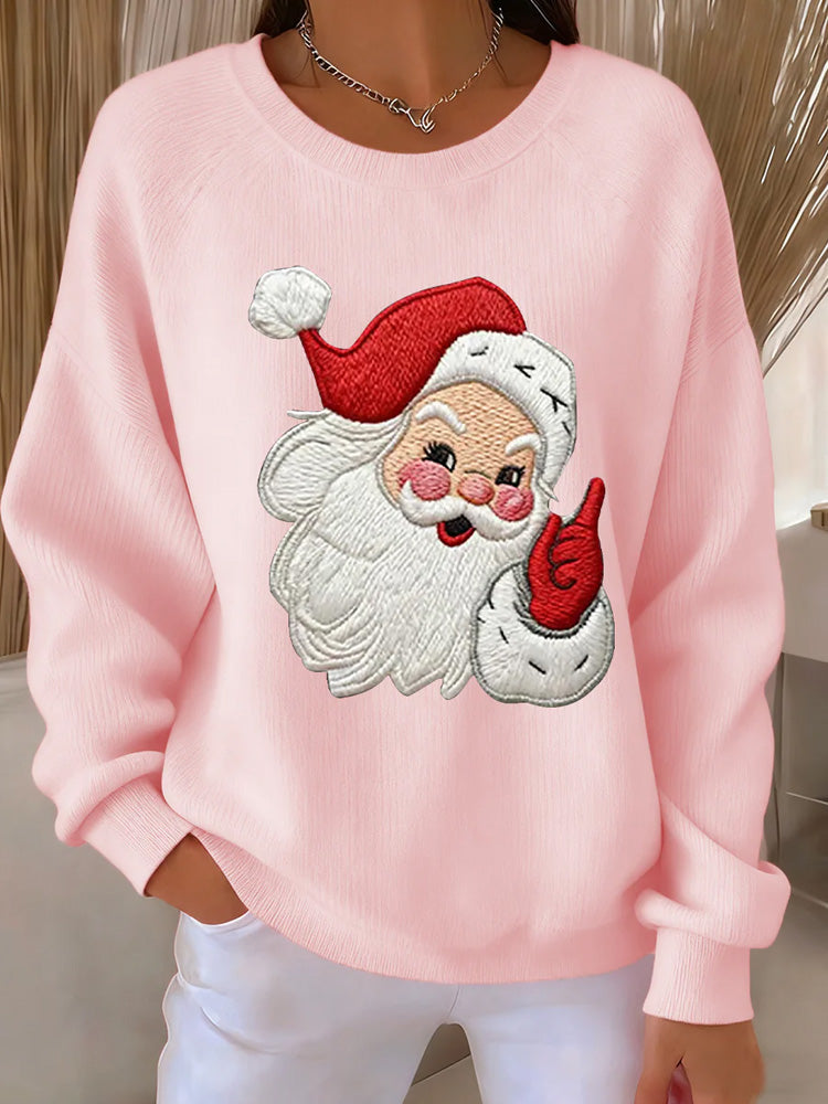 Comstylish Women's Christmas Santa Claus Art Print Ribbed Round-neck Sweatshirt