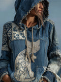 Vintage Cat Floral Denim Fiber Art Patchwork Hoodie elevenforest