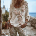 Comstylish Women's Floral Vintage Cotton And Linen Long-sleeved Top