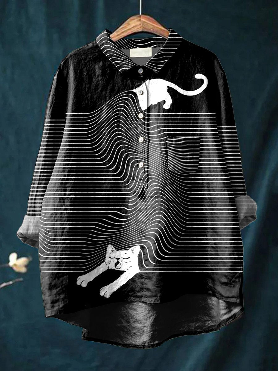 Women's Funny Cat Art Print Casual Cotton And Linen Shirt