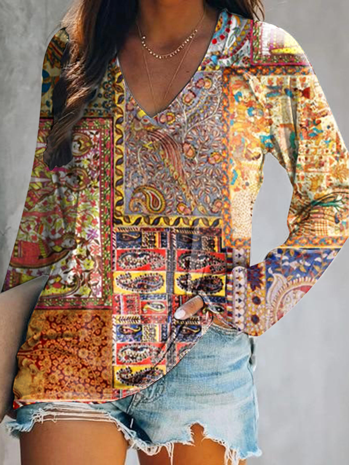 Women's Casual Vintage Bohemian Floral Art Print V Neck Long Sleeve To