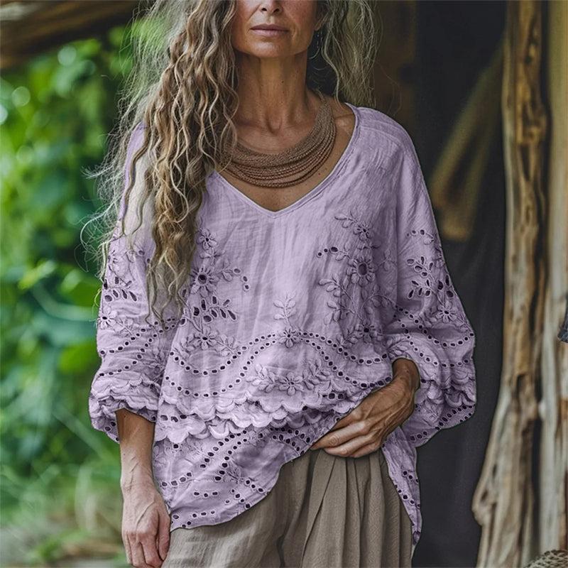 Cottage Floral Embroidered Lace Flowy Linen Tunic artswardrobe