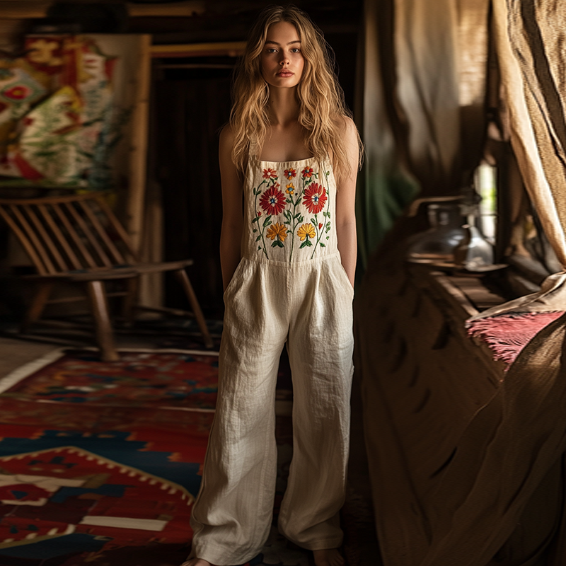 Vintage Floral Embroidered Pattern Art Linen Blend Loose Casual Jumpsuit artswardrobe